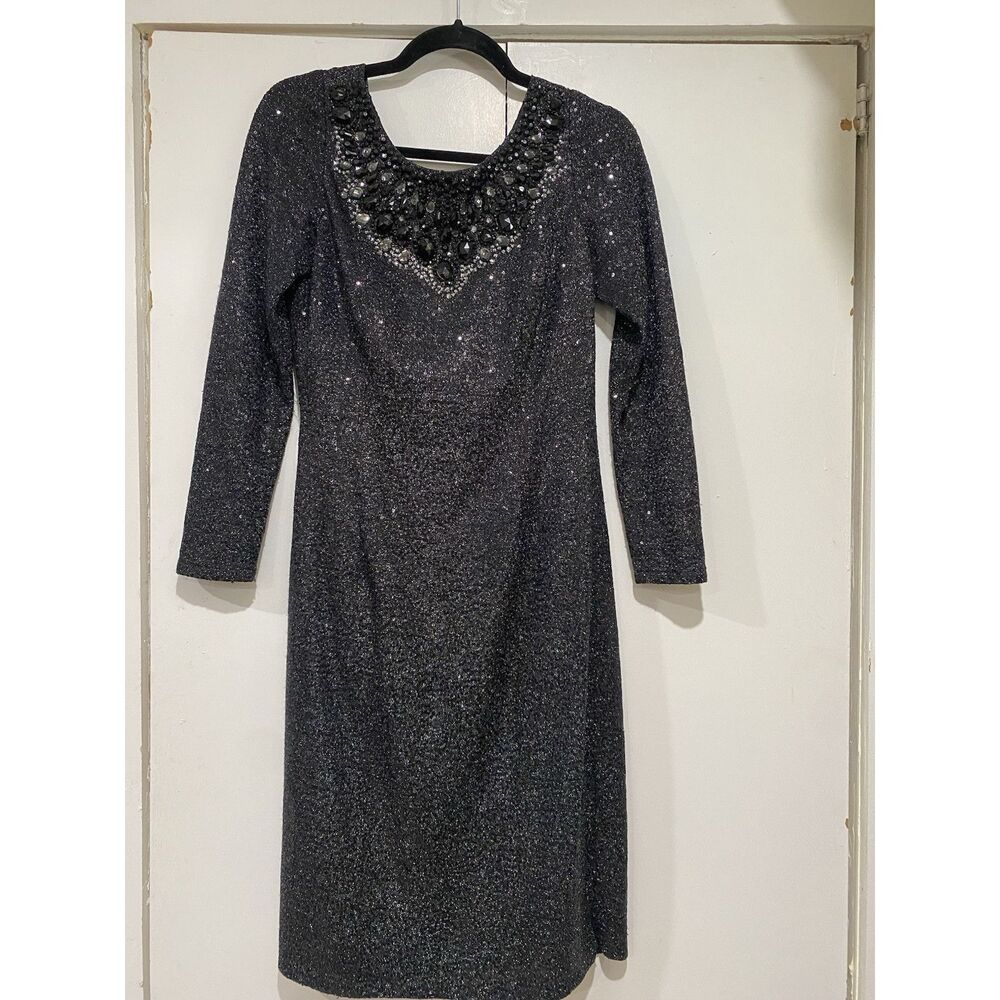 Carmen Marc Valvo Dress Sz 8 Black Silver Beaded Neck Sequin Cocktail Midi - Picture 2 of 12